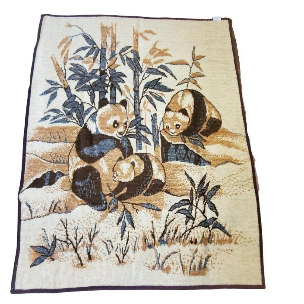 Vintage Brown Reversible‎ Nature Asian Panda Scene Eating Bamboo 60 X 80